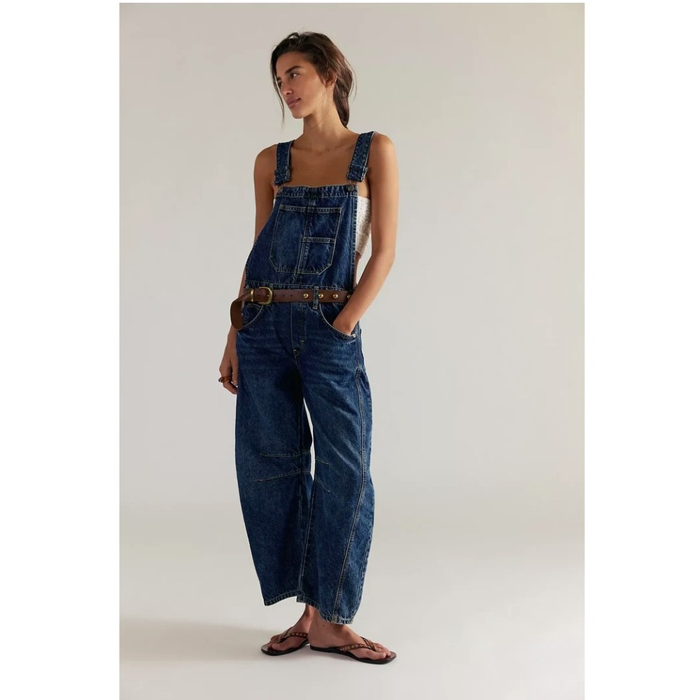Free People We The Free Good Luck Gem Barrel Overalls Deep Ends Blue Denim S